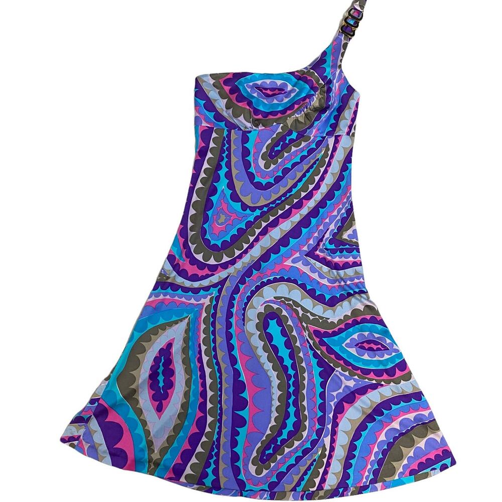 TRINA TURK Silk Dress Psychedelic Groovy One-Shoulder Artsy Women's Size 2